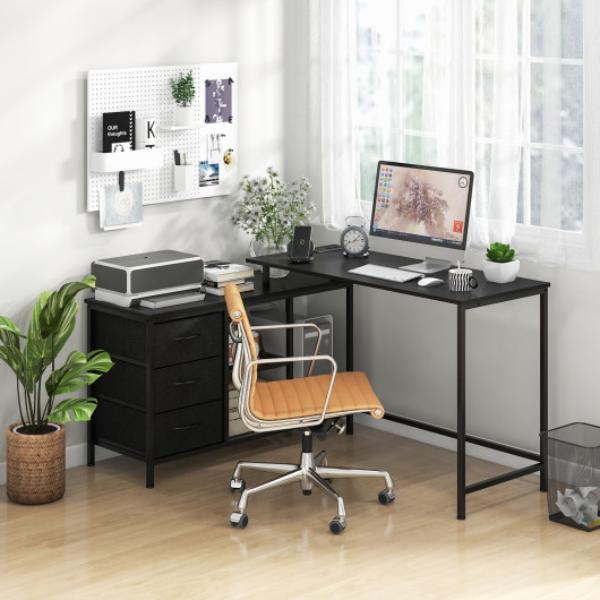 Picture of Total Tactic CB10583US-DK L-Shaped Computer Desk with Power Outlet for Working Studying Gaming&#44; Black