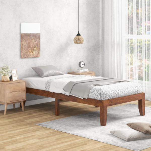 HW63258CH 14 in. Rubber Wood Platform Bed Frame with Wood Slat Support, Walnut - Twin Size