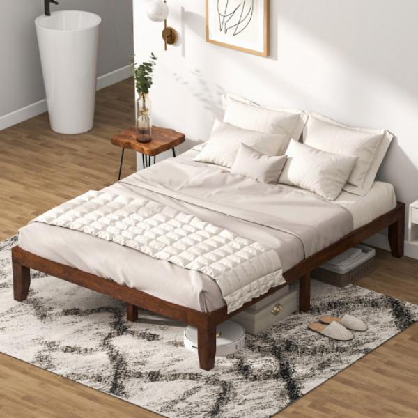 HW63260CH 14 in. Rubber Wood Platform Bed Frame with Wood Slat Support, Walnut - Queen Size