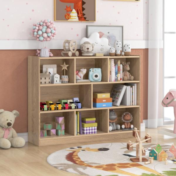 CB10403NA 3-Tier Open Bookcase 8-Cube Floor Standing Storage Shelves, Natural