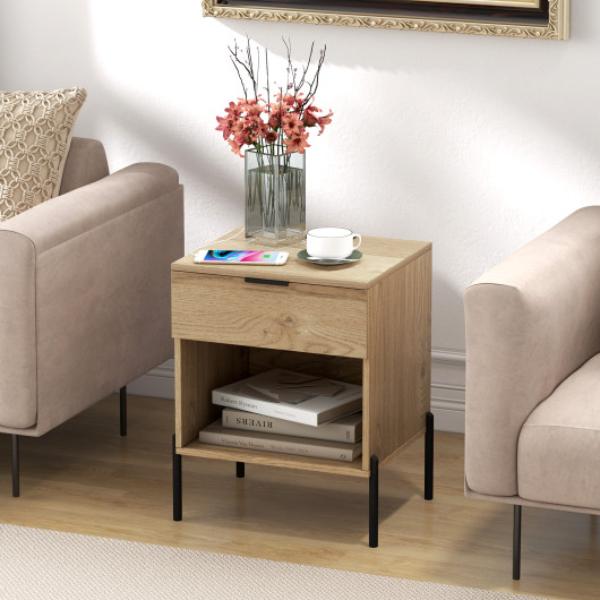 HU10501US-NA Modern Nightstand with Charging Station - Natural