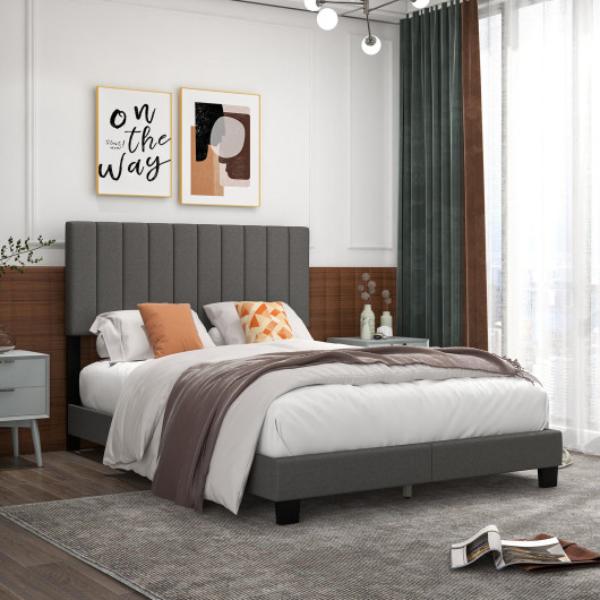 HU10565GR-Q Upholstered Bed Frame with Vertical Channel Tufted Headboard, Gray - Queen Size -  Total Tactic