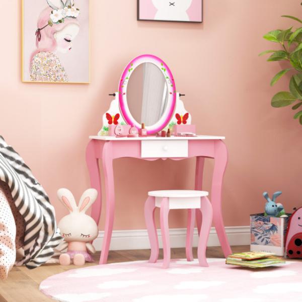 HY10184WH Kids Vanity Table & Stool Set with 360 deg Rotating Mirror & Whiteboard, Pink