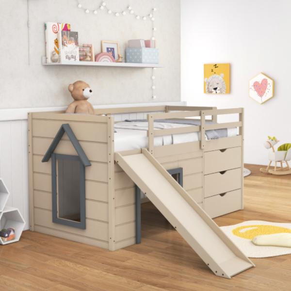 Picture of Total Tactic HY10194GR 3-in-1 Twin Loft Bed with Slide Ladder Drawers for Kids Teens&#44; Beige