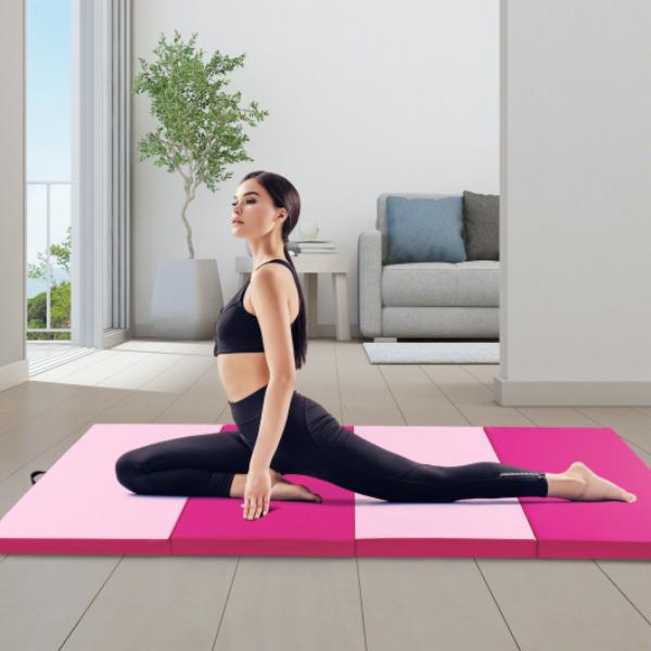 FH10111WN 4-Panel PU Leather Folding Exercise Mat with Carrying Handles, Hot Pink
