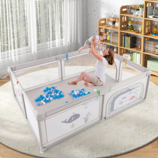 BB5821HS-SW Baby Playpen with Pull Rings Ocean Balls & Cute Pattern - Whale, Gray - Large