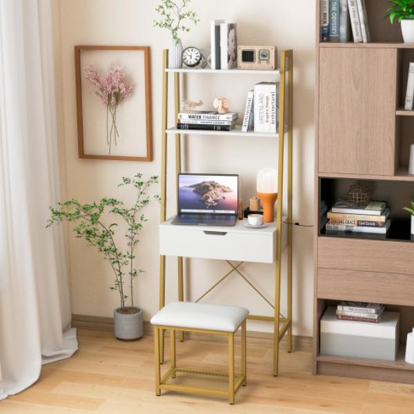 JV11144GD Ladder Vanity Desk Set with Flip Top Mirror & Cushioned Stool, Golden