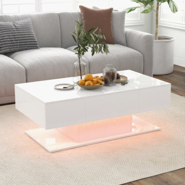 JV11180WH Modern LED Coffee Table with 20 Color LED Lights & 2 Storage Drawers, White