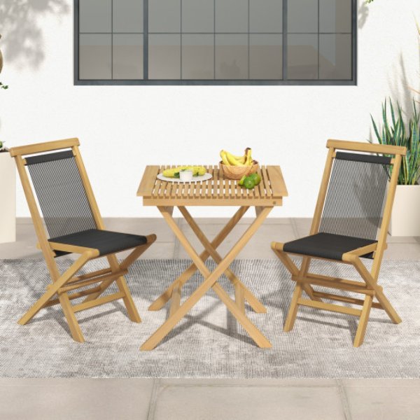 JV11367 2 Piece Patio Folding Chairs with Woven Rope Seat & Back for Porch, Backyard & Poolside - Black & Natural
