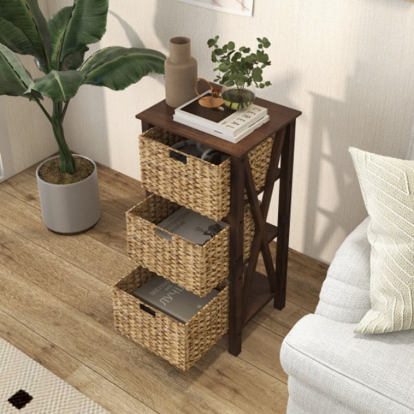 Picture of Total Tactic JV11436CF Narrow X-Design 3-4-Tier Nightstand with 3 Seagrass Baskets&#44; Walnut & Natural