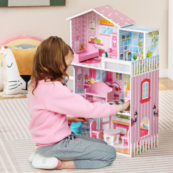 Picture of Total Tactic TP10148PI Kids Wooden Dollhouse Playset with 5 Simulated Rooms & 10 Piece of Furniture&#44; Pink