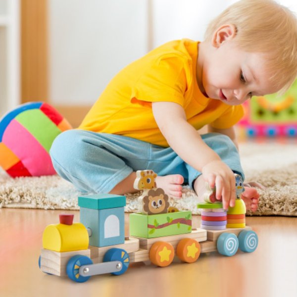 Picture of Total Tactic TM10074 Wooden Stackable Educational Train Set with Colorful Animal Toys & Retractable Locomotive&#44; Multi Color