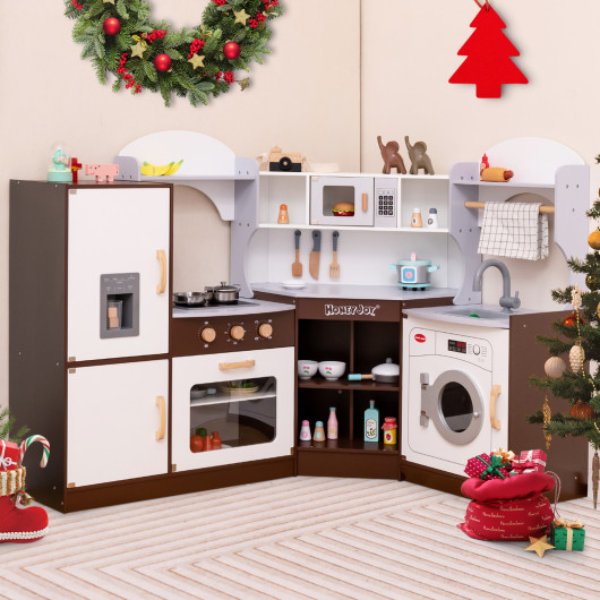 TM10081 Toddler Kitchen Playset with Ice Maker Microwave Oven Sink & Washing Machine for Kids 3-Up Years Old, Brown