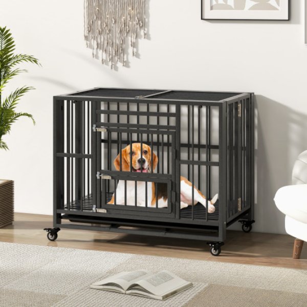 Picture of Total Tactic PU10037 Foldable Heavy-Duty Metal Cage Chew-Proof Dog Crate with Lockable Universal Wheels&#44; Black