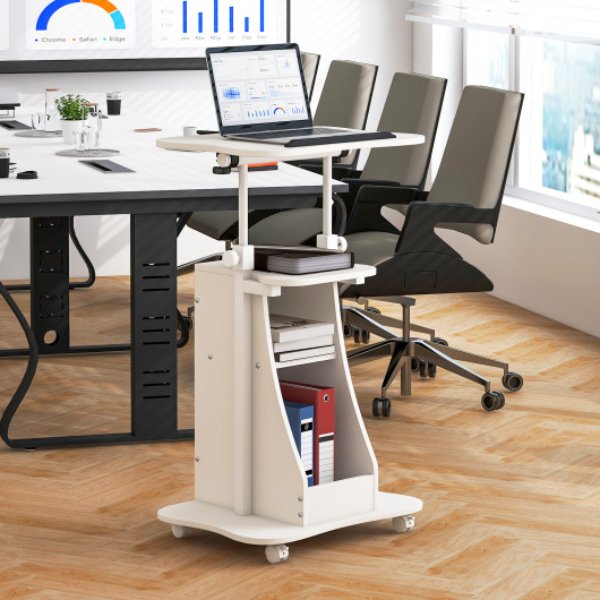 CB10517WH Mobile Podium Stand Height Adjustable Laptop Cart with Tilting Tabletop & Storage Compartments, White
