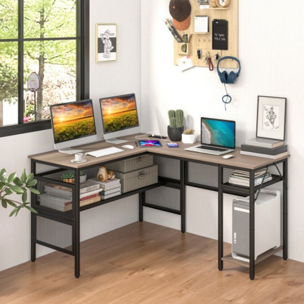CB10526US-GR L-Shaped Computer Desk with Charging Station & Adjustable Shelf, Gray