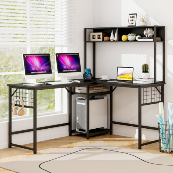 CB10537US-DK L-Shaped Desk with Power Outlet Hutch, Black