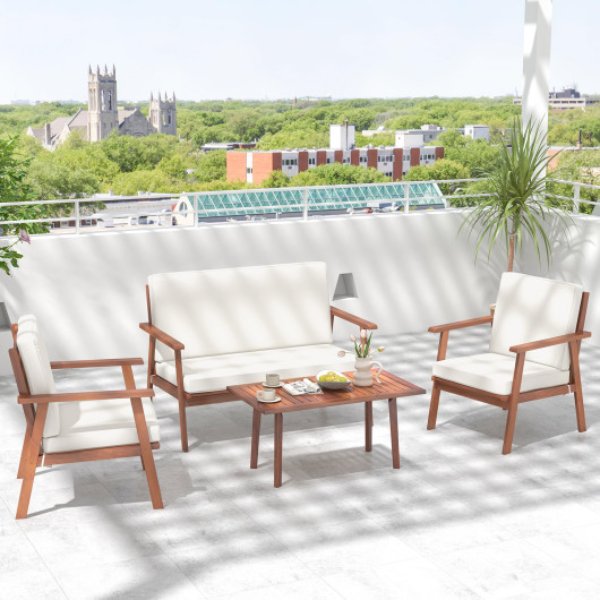 HW71498WH 4 Piece Outdoor Acacia Wood Conversation Set with Soft Seat & Back Cushions, White