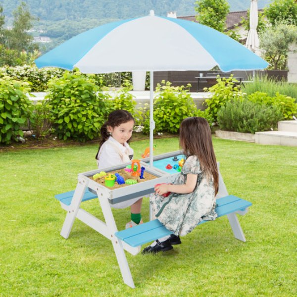 HY10008CL 3-in-1 Kids Outdoor Picnic Water Sand Table with Umbrella Play Boxes, Blue