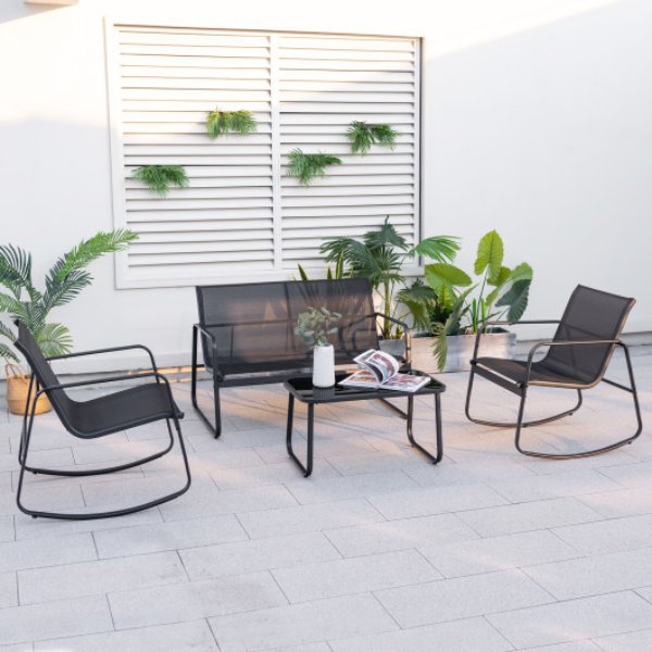 4 Piece Patio Rocking Set with Glass-Top Table, Black