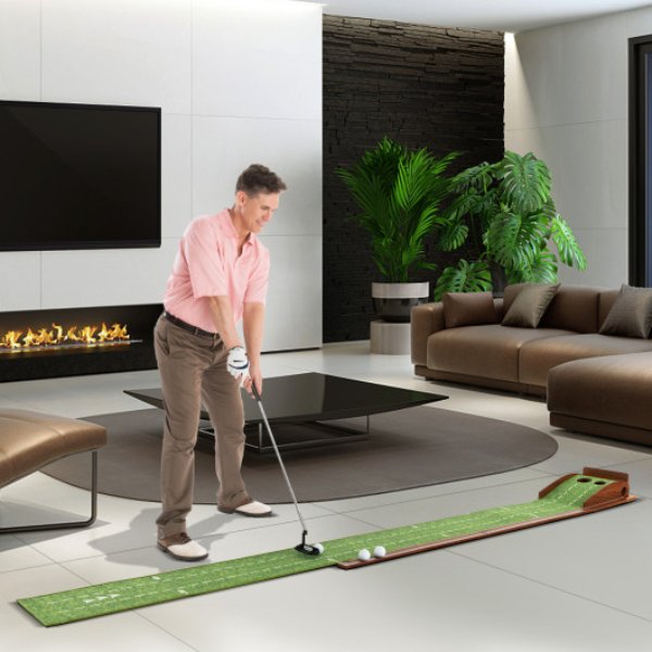 SP38109 Golf Training Aid Putting Mat with Auto Ball Return & 2 Hole Sizes, Brown & Green