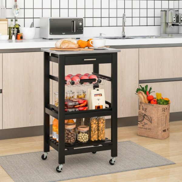 KC55423BK Kitchen Island Cart with Stainless Steel Tabletop & Basket, Black