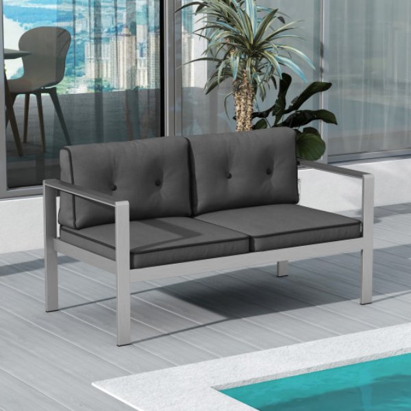 NP11318GR Contemporary 2-Person Sofa Chair with WPC Armrests for Balcony, Backyard & Porch - Gray & Silver