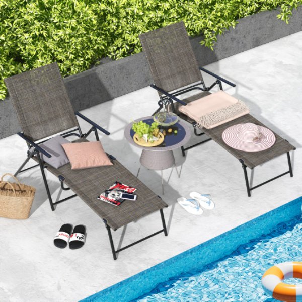 NP11397CF-2 2 Piece Patio Folding Chaise Lounge Chairs Recliner with 6-Level Backrest, Coffee