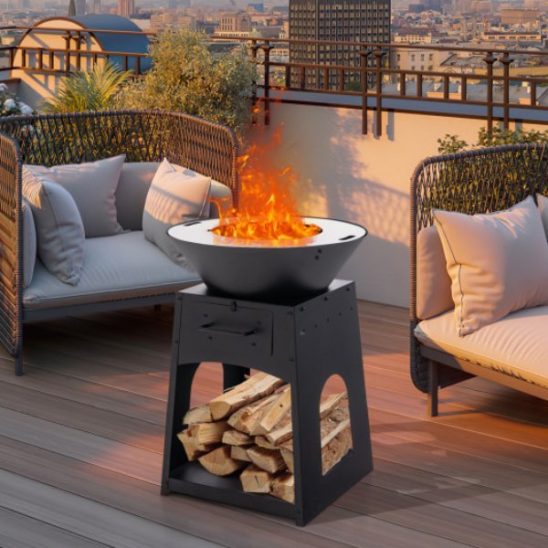 NP11478DK Patio Fire Pit with Firewood Log Rack with Grill & Ash Box, Black