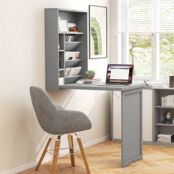 CB10394GR Wall-Mounted Fold-Out Convertible Floating Desk Space Saver, Gray