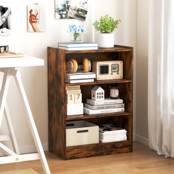 CB10458CF 3-Tier Open Display Rack Cabinet Bookcase with Adjustable Shelves, Rustic Brown