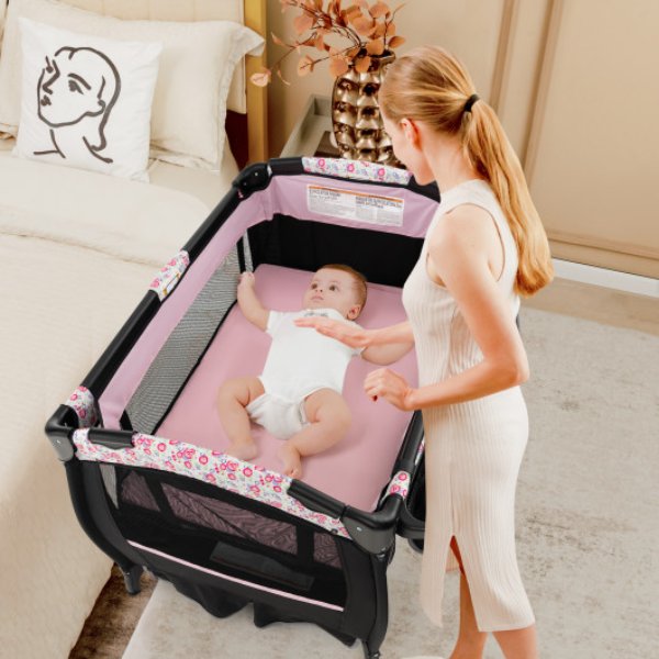 BE10036HF 4-in-1 Portable Pack & Play Baby Nursery Center with Bassinet, Pink -  Total Tactic