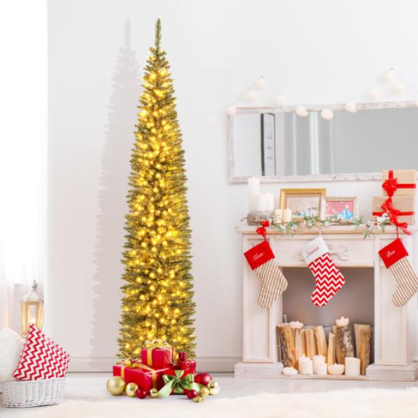 CM24530US 9 ft. Pre-Lit Pencil Artificial Christmas Tree with 400 Warm White LED Lights, Green
