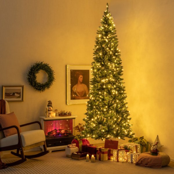 CM24539US 9 ft. Pre-Lit Artificial Christmas Tree with 1298 Snowy Branch Tips, Blue & Green