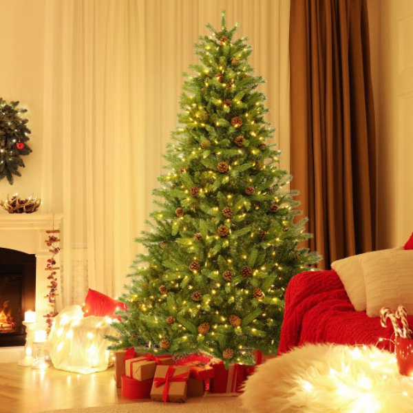 CM24555US 7 ft. Artificial Christmas Tree with Pine Cones & Adjustable Brightness, Green