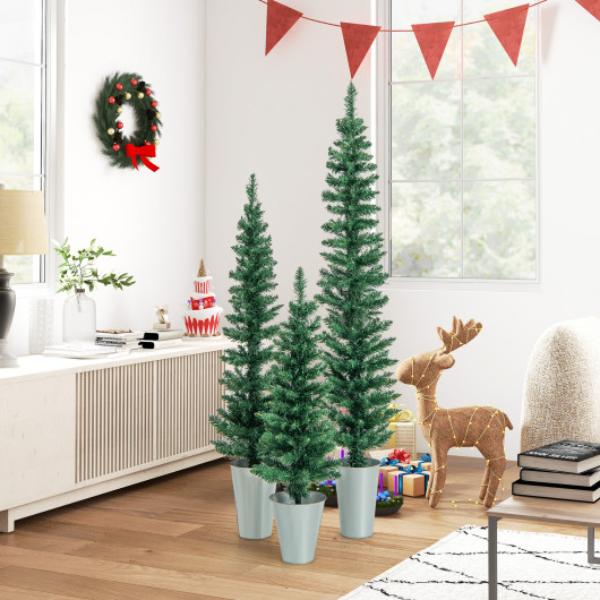 CM24618 Potted Artificial Christmas Tree with Metal Buckets, Green & Silver - Set of 3
