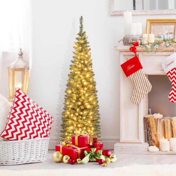 CM24526US 5 ft. Pre-Lit Pencil Artificial Christmas Tree with 150 Warm White LED Lights, Green
