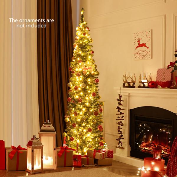 CM24528US 7 ft. Pre-Lit Pencil Artificial Christmas Tree with 200 Warm White LED Lights, Green