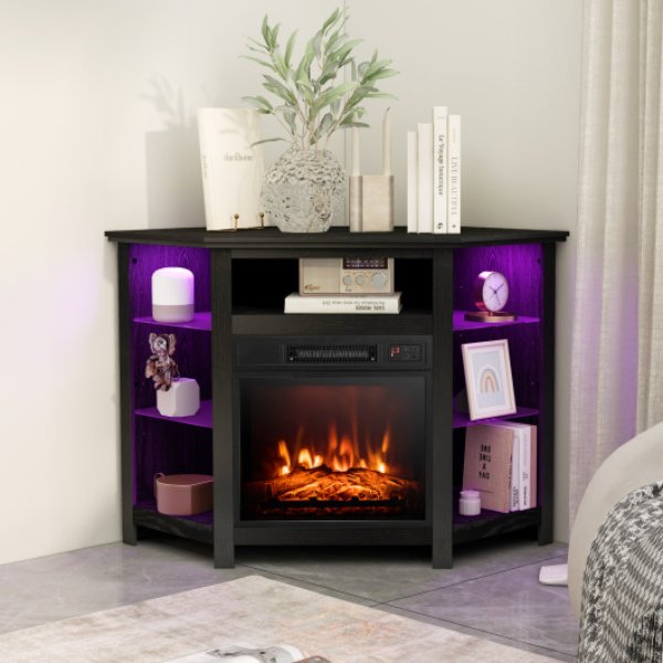 FP10534US-DK Fireplace Corner TV Stand with LED Lights & Smart App Control for 50 in. TV, Black