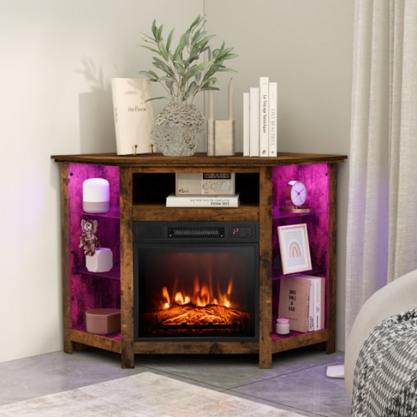 FP10534US-CF Fireplace Corner TV Stand with LED Lights & Smart App Control for 50 in. TV, Rustic Brown