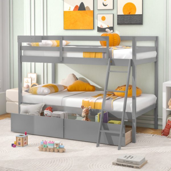 HU10645GY Twin Over Twin Size Bunk Bed Wood Bed Frame with 2 Storage Drawers & Ladder, Gray -  Total Tactic, HU10645GY+