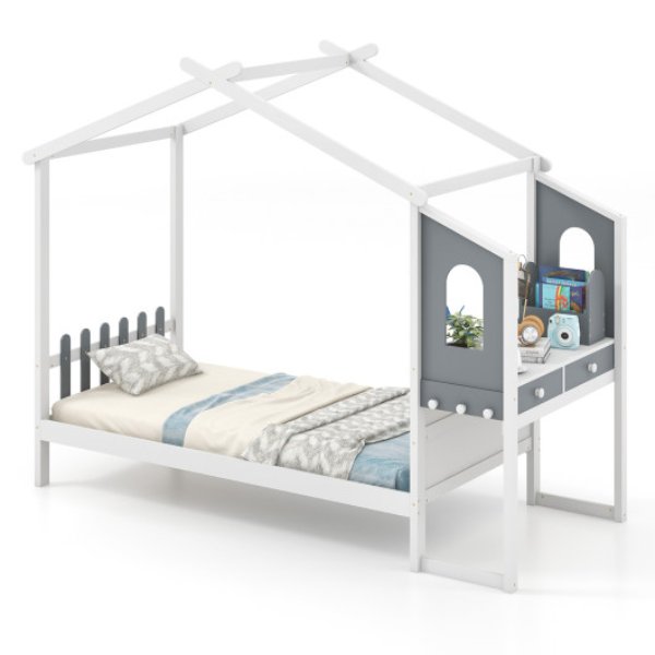 Picture of Total Tactic HU10710WHT Twin Size Bed Frame with House Roof Canopy & Fence for Kids&#44; White & Gray