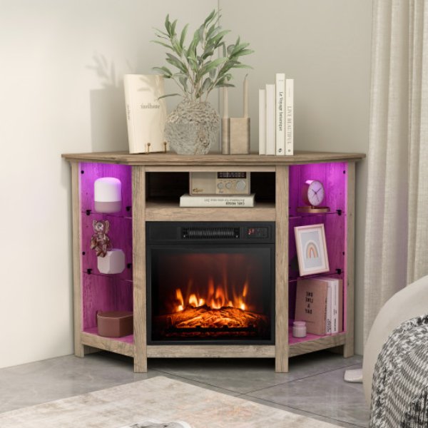 Picture of Total Tactic FP10534US-GR Fireplace Corner TV Stand with LED Lights & Smart App Control for 50 in. TV&#44; Gray