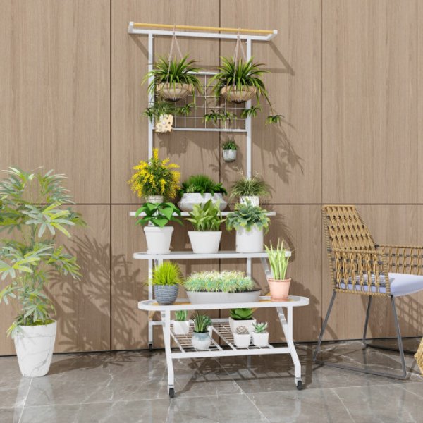 GT4054 4-Tier Hanging Plant Stand with Hanging Bar, White & Tan