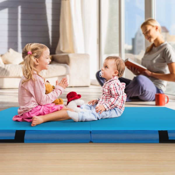 FH10090BL 4 ft. x 4 ft. x 4 in. Bi-Folding Gymnastic Tumbling Mat with Handles & Cover, Blue