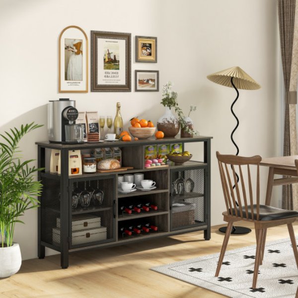 HV10478GR 55 in. Buffet Sideboard with 8-Bottle Wine Racks & Glass Holders, Gray