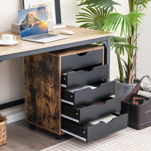 HW65978CF 5 Drawer Mobile Lateral Filing Storage Home & Office Floor Cabinet with Wheels, Rustic Brown