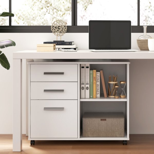 HW65987WH 3-Drawer Mobile Lateral File Cabinet with Printer Stand, White
