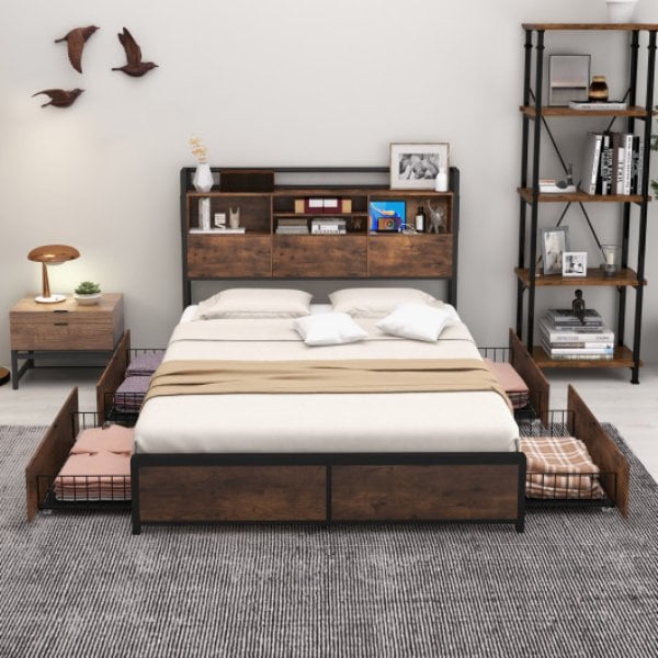 HU10618USF Full Size Bed Frame with Bookcase Headboard & 4 Storage Drawers, Vintage Brown