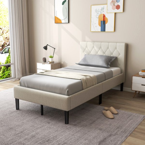 HU10550BE Twin Size Upholstered Platform Bed with Button Tufted Headboard, Beige